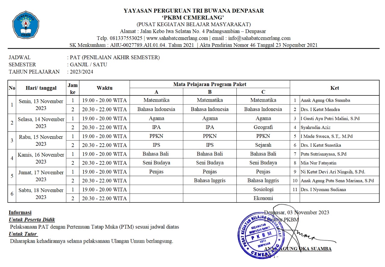 Jadwal Pelaksanaan PAS (Penilaian Akhir Semester) 2023